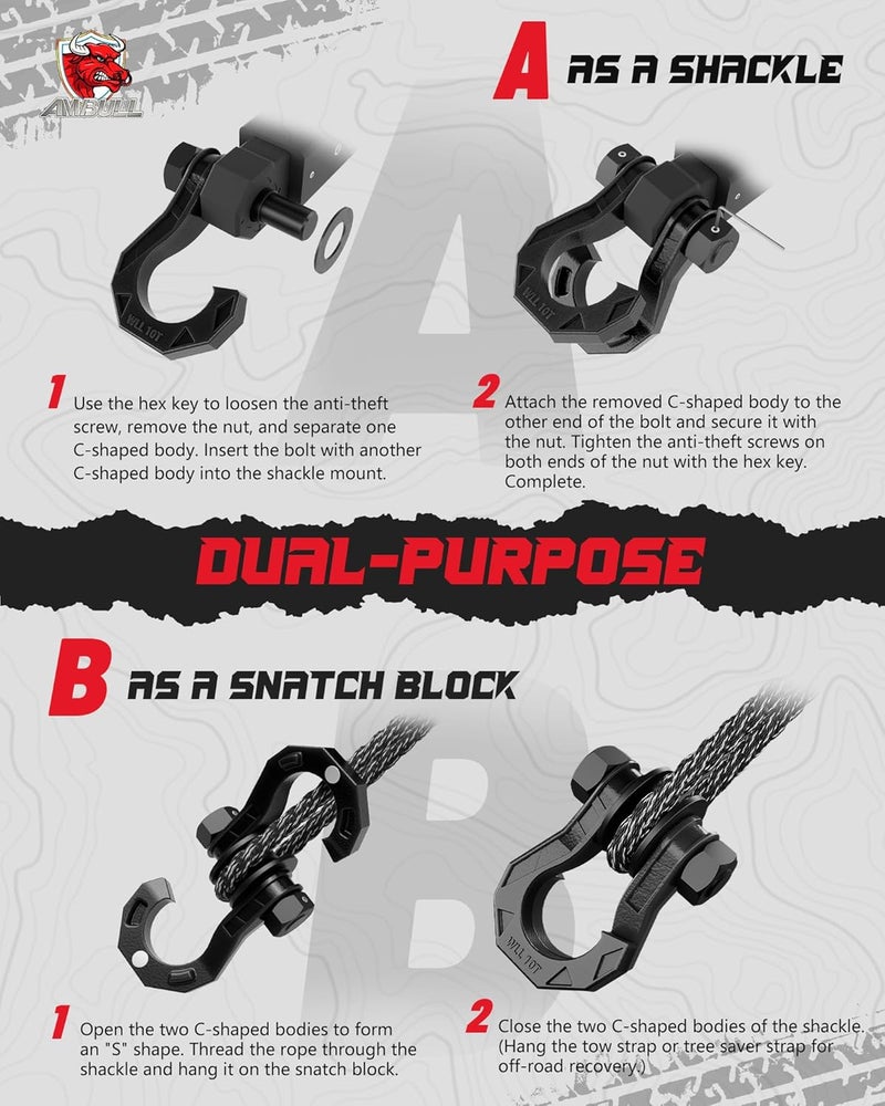 AMBULL D Ring Separate Shackle with Snatch Block, 3/4" Easy Open Shackles w/Snatch Block Pulley, Heavy Duty Shackle for Towing Winch, Pulley for Off-Road Vehicle Recovery, Truck, ATV, UTV, BlackBlack - Image 5